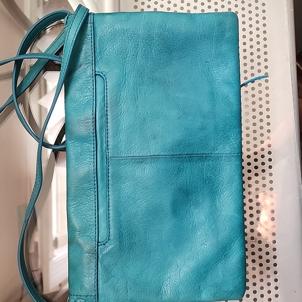 HOBO International Turquoise Leather Crossbody Boho Whipstitch Tassel Bag - Picture 8 of 12